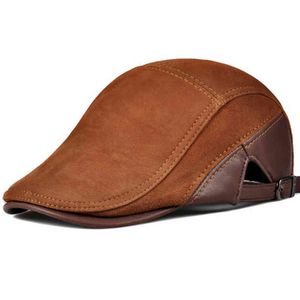 2021 Fashion European Style Genuine Leather Caps Beret Man Casual Sheepskin Suede Black/Brown Fitted Duckbill Hats Male