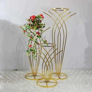 Guld bröllop blomma stå metall vas kolumn stå geometriska mittpiece vaser järn display rack bakgrundsram för dekoration senyu652