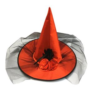 Kobiety Hat Halloween Party Cosplay Witch Cap Decoration Narożnik Mesh Róża Netto Magik Black Siate Wizard