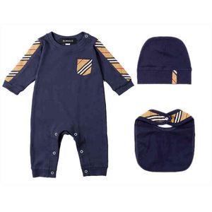 New summer fashion 3 pcs newborn baby clothes Plaid stripes cotton Long sleeve new born baby boys girls rompers Bibs hats sets G1218