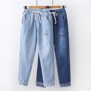 Ciemne / jasnoniebieskie dżinsy dla kobiet damskie wiosna jesień moda haft kot broda wzór casual denim spodnie koreański styl 210629