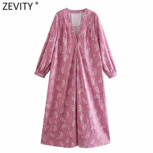 Zevidade Mulheres Vintage Paisley Impressão listrada Casual Midi Dress Feminino Plisses V Neck Nuts Vestido Chic Kimono Vestidos DS8389 210603