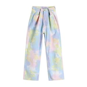Koreański Casual Tie-Dye Spodnie Hit Kolor Proste Dżinsy Dżinsy High-Paisted Wysokie Luźne Kobiety Letnie Spodnie 16W1067 210510