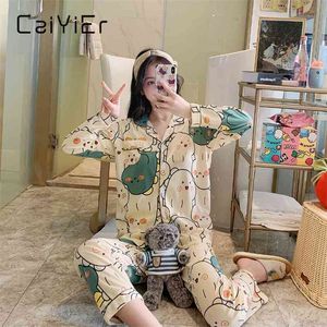 CAIYIER S/A Pajamas Set Pink Leopard Print Cherry Lovely Ladies Sleepwear In Long Sleeved Trousers Polyester HomeSuit 210809