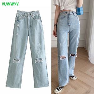 Ripped jeans för kvinnor ljusblå brett ben hög midja kvinna sommar casual denim byxor rakt mamma 210430