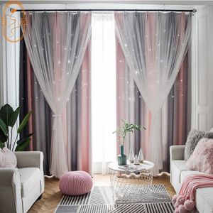 Nordic Style Curtain for Living Room Bedroom Gradient Stripes Hollow Stars Blackout Gradient Curtain 210712