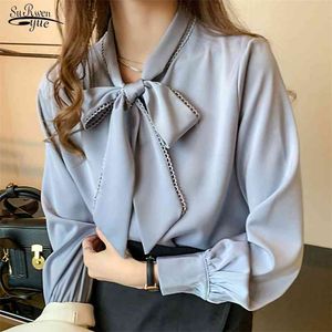 Bahar Moda Kore Tops Saten Şifon Bluz Kadınlar Gevşek Uzun Kollu Gömlek Beyaz Mavi Ofis Bayan Giysileri Yay ile 10691 210521