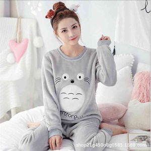 Plus Size Pigiama Set Ragazza Autunno Inverno Caldo Pigiama di flanella Donna Imposta Spessore Velluto corallo Manica lunga Cartoon Sleepwear Sottile 210901