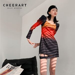グラデーションスエードカットドレス女性パフスリーブスクエアネックレッドロングチュニックミニファッション服210427