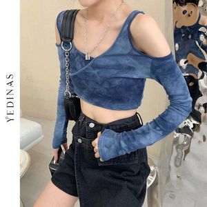 Yedinas Summer Off Shoulder Long Sleevve T Shirt Women Tie Dye Sexy Cropped Tops Hollow Out Irregular Female Slim T-shirts 210527