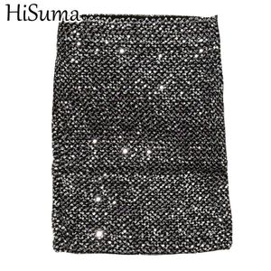 Hisuma mode bling kvinnor guld sequin mini ol bodycon penna kjol dam kort wrap streetwear party kjolar enkel vår tunika x0428