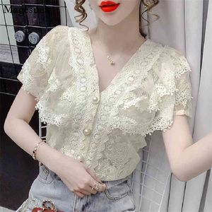 Summer Short Sleeve V-neck Lace Blouses Women Chic Sweet Ruffles Crochet Tops Mesh Chiffon Shirts Female Blusas 14174 210512