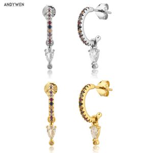 Andywen 100% 925 Sterling Silver Rainbow CZ Cyrkon Pendientes Drop Kolczyk Dla Kobiet Akcesoria Piercing Rock Punk Biżuteria 210608