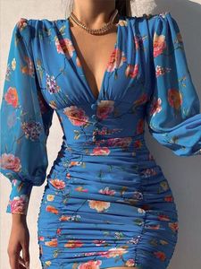 Casual Dresses 2021 Y2K Sexy Puff Lantern Sleeve Plunge Print Ruched Bodycon Mini Vestidos De Fiesta Club Party Floral Dress