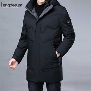 Верхняя оценка зимний бренд случайные моды длинные Parka 90% белый утка вниз пальто мужчины ветровка куртка с мягкой одеждой с капюшоном 211104