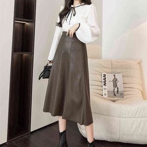 Autumn Winter Women's Skirts Pu Leather Half-length Skirthigh-waist Mid-length A-line Skirt Elegant Splicing Women Clothing 211120