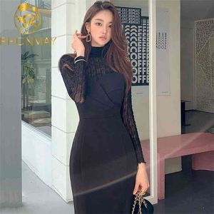 Two Piece Set Winter Korean Slim High Collar Lace Bottomed Shirt and Suspender Tight Waist Fishtail Skirt Suit 210506