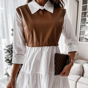 Faux couro retalhos branco camisa vestido feminino 2021 primavera casual manga longa xadrez chique vestidos senhora mini uma linha de pano feminino