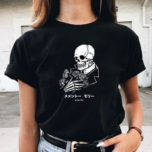 Esqueleto Rosa Desfrute de Vida Gráfico Tee Harajuku Hipster Escuro Gótico Grunge Unisex T-shirt Tumblr Casual Engraçado Mulheres Tee Top 210518