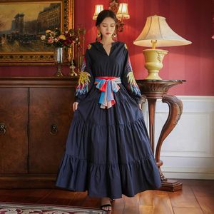 Casual Sukienki Jesień Muzułmańska Oman Oman Odzież Bawełniana Dress Chic Kwiatowy Haftowany Z Długim Rękawem Navy Robe Femme Elgant Maxi