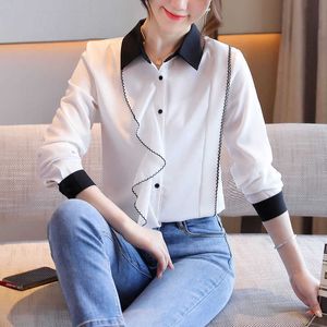 Mulheres Coreanas Camisas Chiffon Blusas Escritório Lady White Top Plus Size Woman Ruffles Blouse Elegante 210531