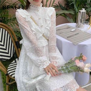 女性のためのシックなレースのAラインドレスのためのエレガントな自然な腰3/4スリーブフリルの装飾白い夏のボヘミアのドレス女性210428