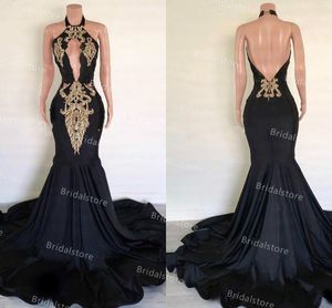 Elegancki czarny i złoty Syrenka Prom Dresses na Afryki Dziewczyny Keyhole Front Halter Backless Satynowe Długie Suknie Wieczorowe Vestidos de Noche Largos Szata Sirene