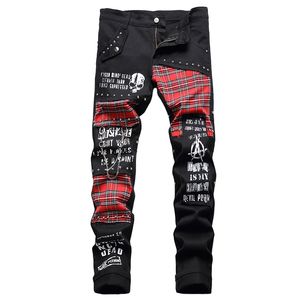 Stitching Patch Rivet Jeans Herren Rock Punk Letter Skull Print Hose Mode Slim High Street Dark Souls Lokomotive Hose