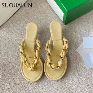 SUOJIALUN 2021 Nowa marka Kobiety Pantofel Moda łańcuch Sandal Buty Damskie Eleganckie Cienkie Niski Heel Slip On Flip Flop Letnie Sandały K78