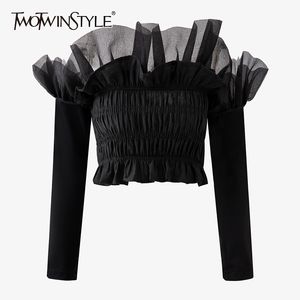 Black Patchwork Mesh Ruffle Shirt For Women Slash Neck Long Sleeve Ruched Slim Blouses FemaleS Summer Fashion StylE 210524