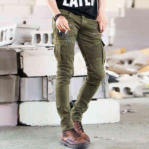 Mäns Jeans Green Denim Biker Jeans Skinny Runway Distressed Slim Elastic Homme Hip Hop Militär Motorcykel Lastbyxor 211120