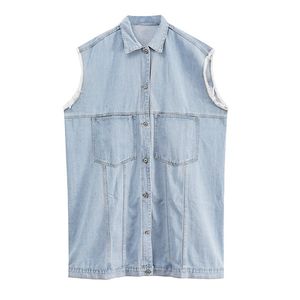 Kvinnor Denim Light Blue Slå ner Krage Ärmlös Vest Medium Längd Jacka Lös knapp Ficka C0119 210514