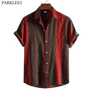 Patchwork Striped Hawaiian Shirt for Male Summer Casual Button Down Shirt Men Short Sleeve Tropical Aloha Beach Chemise 210522