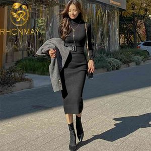 セクシーな女性のドレス長袖タートルネック秋冬の固体カジュアルなベースの黒い灰色のボディコンスリムベルト210506
