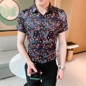 Summer Short Sleeve Shirt Men Print Slim Fit Casual Dress Shirts Mens Business Streetwear Social Shirts Camisa Masculina 4XL 210527