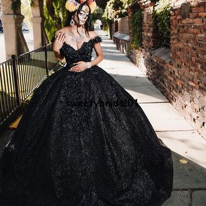 Messicano vestido de 15 a￱os Paillettes nere Charro Abiti Quinceanera Gonna gonfia Perline Abito dolce 16 Abiti applicati