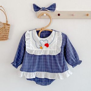 Spring Autumn Infant Baby Girls Grid Swan Embroidery Rompers Clothing Kids Girl Long Sleeve Clothes 210429