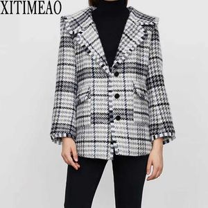 Za kobiety z długim rękawem Kurtka Plaid Jesień Płaszcz Zimowy Moda Loose Outwear Vintage Elegancki Top Ciężki Wełniany Płaszcz 210602