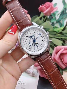 Classic News Men Watch Aço Inoxidável Vidro Safira Voltar Automático Mecânico Marrom Azul Couro MoonPhase