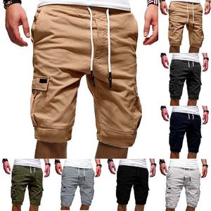 2020 Nya Summer Shorts Mäns Casual Multi-Pocket Drawstring Short Masculino Man Solid Fashion Casual Shorts Streetwear X0601