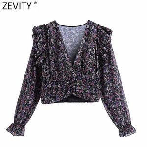 Zevity Women Vintage V Neck Floral Print Chiffon Smock Blouse Office Lady Cascading Ruffle Short Shirts Chic Blusas Tops LS7409 210603