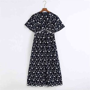 Summer Women Vintage Shirts Dress V-Neck Short Sleeve Buttons Floral Embroidery es Female Elegant Mid-Calf Cloth 210513