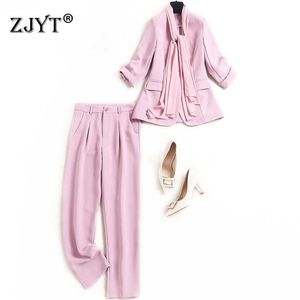 Elegant Office Lady Two Piece Outfits Bow Tie Solid Blazers and Pants Suit Plus Size Set Women Spring Designers Trousers Twinset 210601