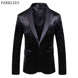 Men's Black Velvet One Button Dress Blazer Floral Brozing Shawl Collar Stylish Dinner Suit Jacket Men Wedding Blazer Prom Tuxedo 210522