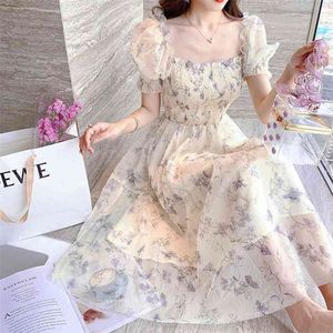 Lato Koreański Dorywczo Rękaw Puff French Szyfonowa Fairy Sukienka Kobiety Floral Print Boho Beach Holiday Party Long Robe Femme 210514