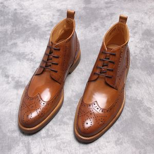 Black Men Winter Boots Genuine Leather Mens Platform Brogue Casual Ankle Flat Shoes Lace Up Dress Designer Brand Boots