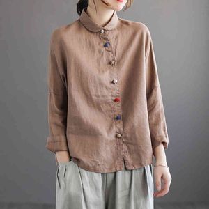 Johnature Women Casual Linen Сплошной цвет Винтаж Полный рукав Топы Peter Pan Воротник Блузки Весенние Кнопки Свободные Рубашки 210521