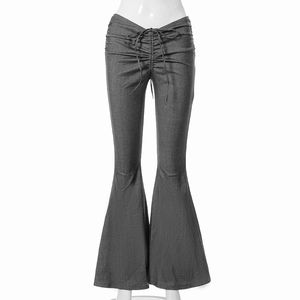 Dziwny kot Y2K spodnie flare z niskim stanem damskie ściągane sznurkiem Ruched długie spodnie elastyczne casualowe w stylu Streetwear modny bandaż dna
