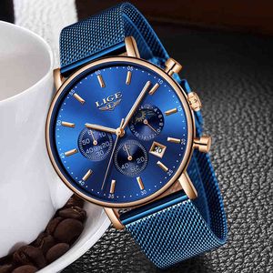 LIGE Relógios Mens Top Marca Luxo Azul Casual Malha Cinto Relógio De Moda Esporte Assista Homens Impermeável Relógio de Quartzo Relogio Masculino Q0524