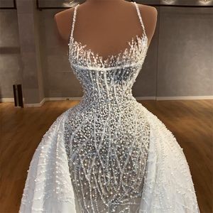 Elegant Spaghetti Pearls Evening Dresses with Detachable Train Beading Sequins Prom Party Gowns Luxury vestido de novia
